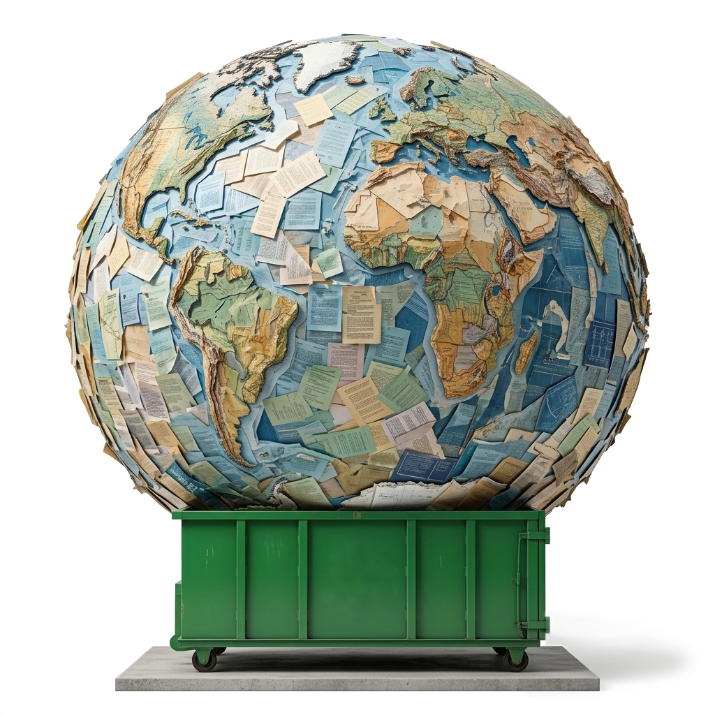 PlainSite Recycler &mdash; a globe made of paper resting atop a recycling dumpster bearing the Recycler logo